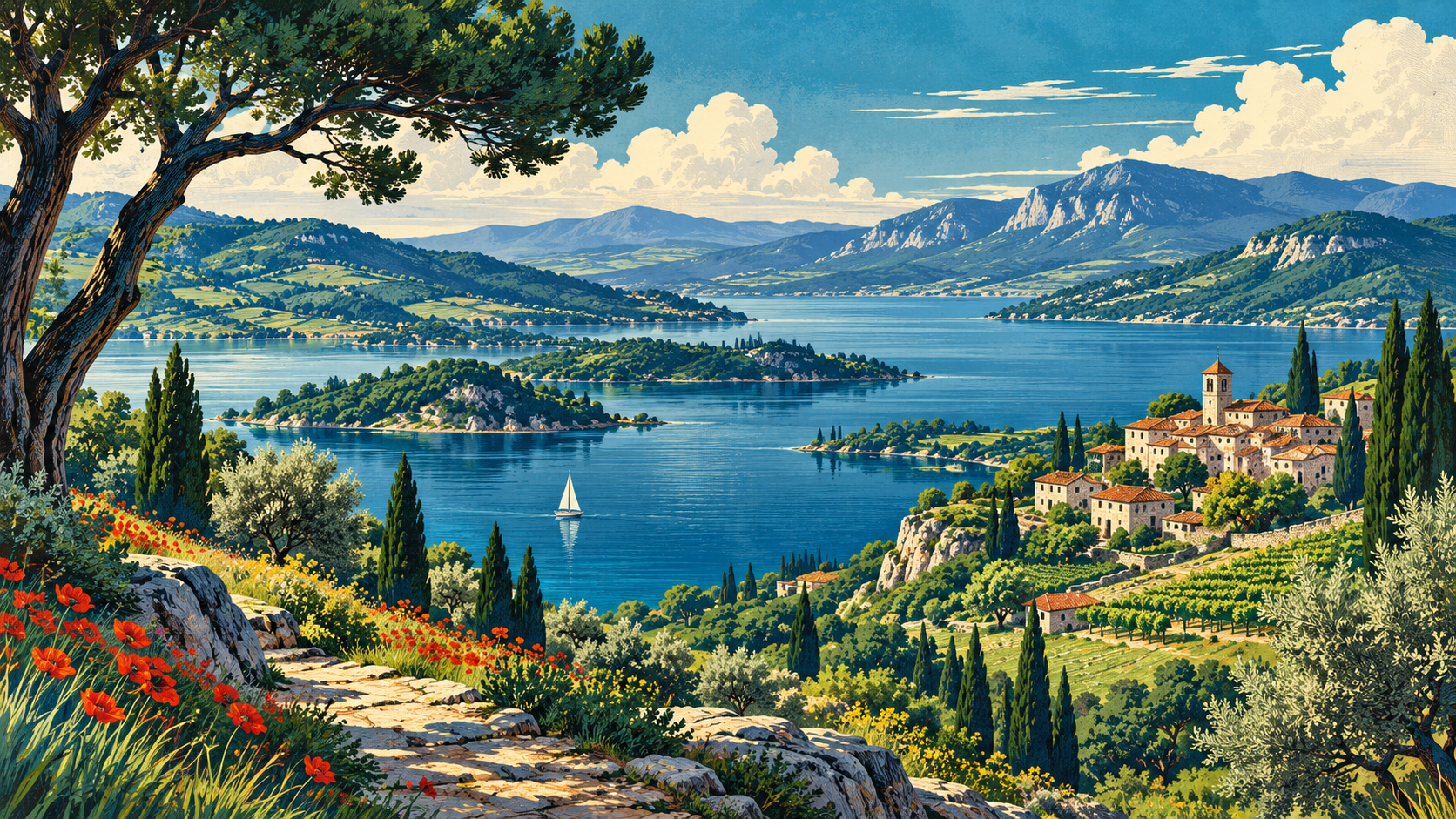 Illustration de paysages de France, entre village, lac et collines